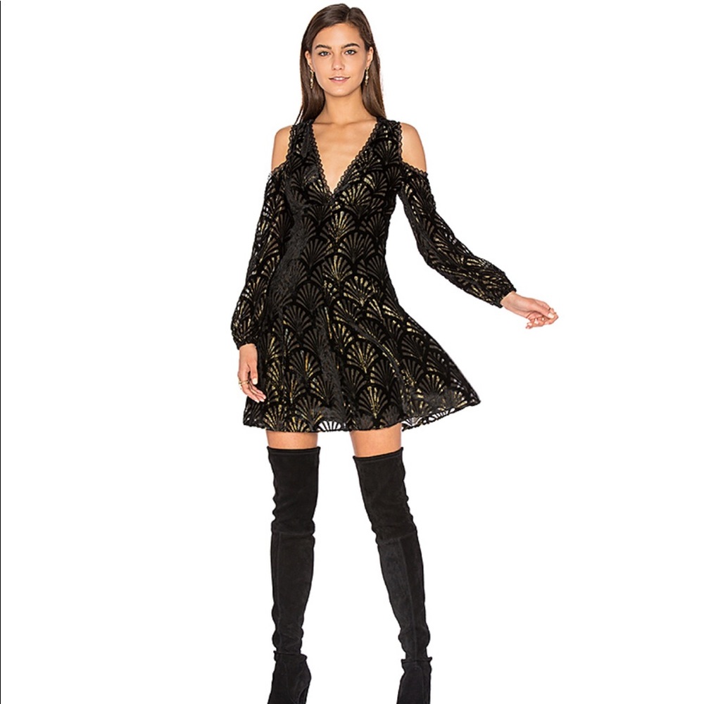 Alice + Olivia Black and Gold Cold-Shoulder Velvet Flocked Swing Dress